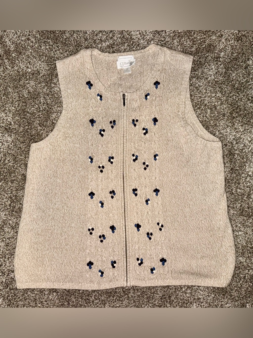 CJ Banks Beige Zip-Front Knit Vest with Navy Sequin Floral Accents